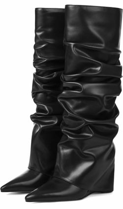 Black Leather Slouch Knee-High Wedge Boots