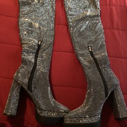 Silver Rhinestone Thigh Boots