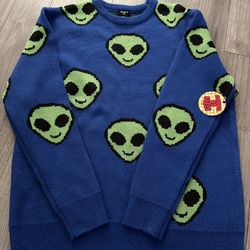 FOREVER 21 Blue Alien Graphic Tight-Knit Crew Neck Sweater Men XL Pullover