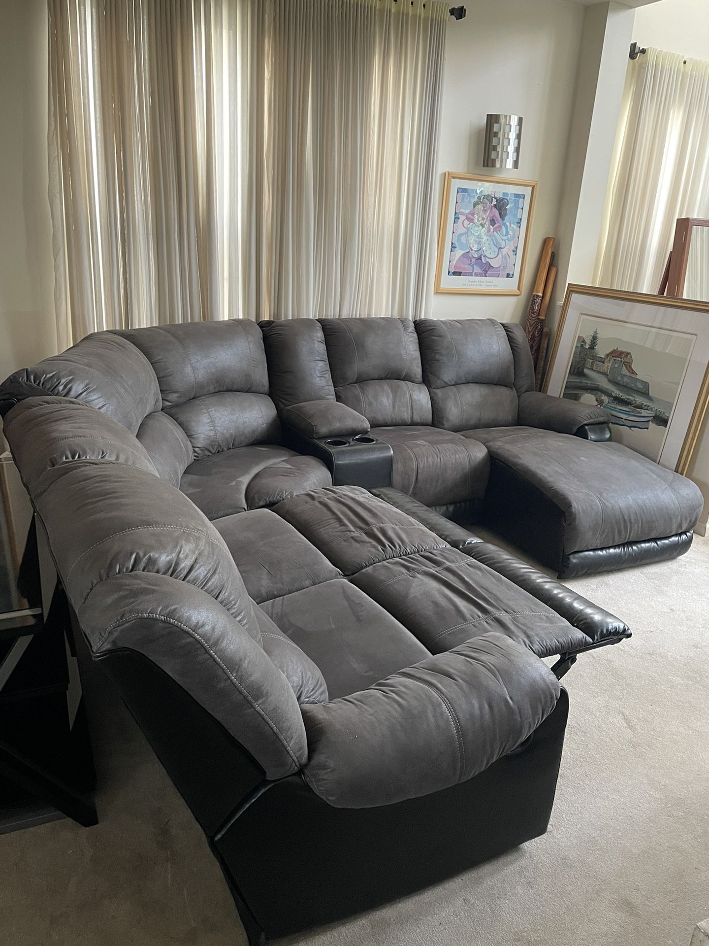 Ashley Furniture Nantahala 6-Piece Reclining Slate Gray/Grey and Black Leather Sectional Sofa with a Chaise