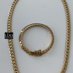 New 18k Yellow Gold Cuban Link Chain And Bracelet Set 