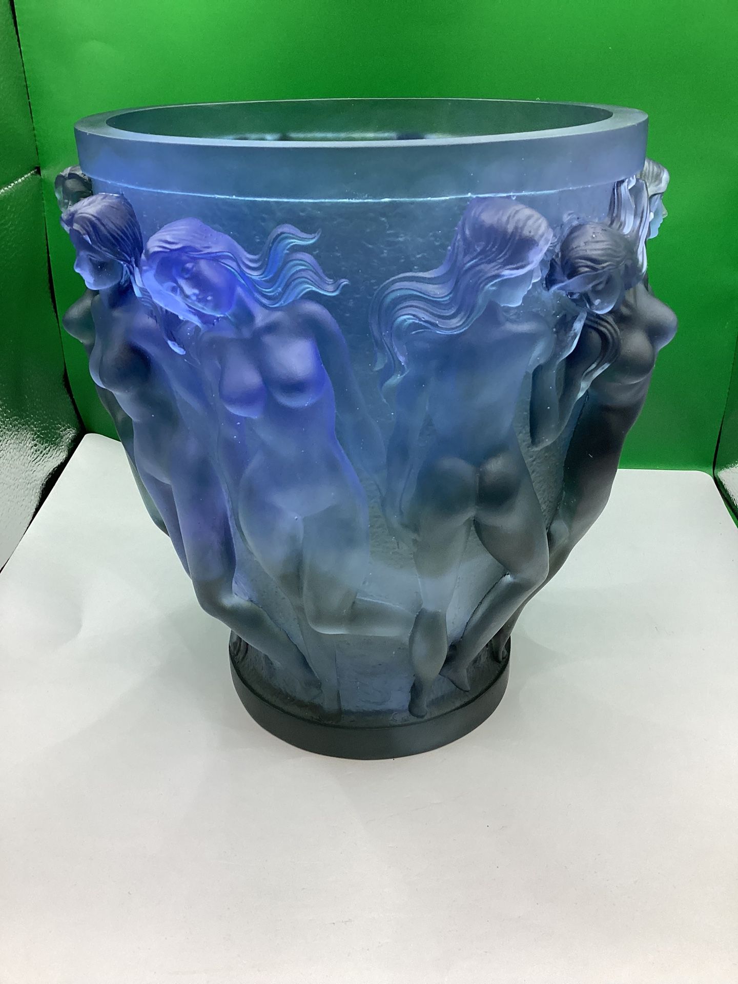 XXL Crystal Bacchantes Lalique Style Vase Weight 11lb H10” Blue Ombere Signed France