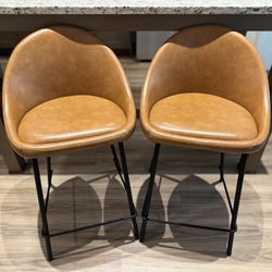 Set of 2 Modern Tan Faux Leather Bar Stools