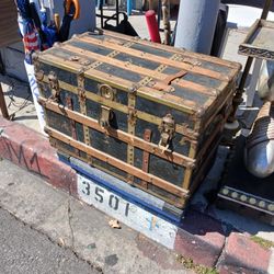 antique early century wood and metal travel trunk