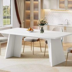 HL0211 White Dining Table, 63" Modern Kitchen Table with Glossy Tabletop and Double Robust Pedestal, Large Rectangle Wooden Eating Furniture for Dinin