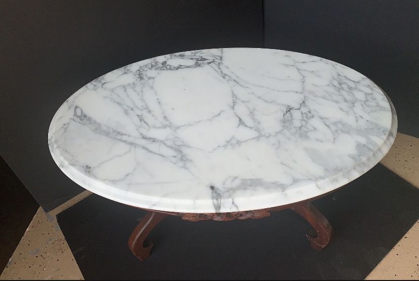 1950s Oval Carved Dark Wood  Coffee Table  With Italian Marble Top 