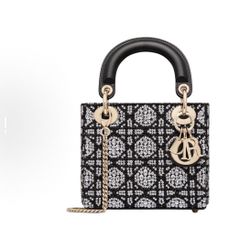 Dior Lady Dior brand logo rattan plaid embroidery beaded silver rhinestone cotton one-shoulder handbag mini women's black(8)97
