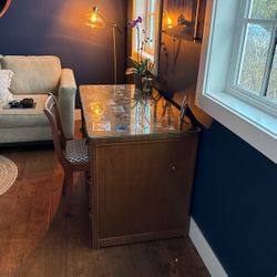 Antique Wood Desk With Glass Top And Chair 