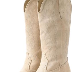 IUV Suede Cowboy Boots for women- Western Pointed Toe, Mid Calf Pull-On