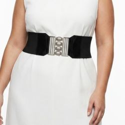 NINE WEST Whimsigoth Wide Elastic Belt Silver Clasp Black Patent Trim Fits XL