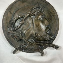 Heavy Solid Bronze 6” Plaque Jesus Christ with Crown of Thorns Vintage