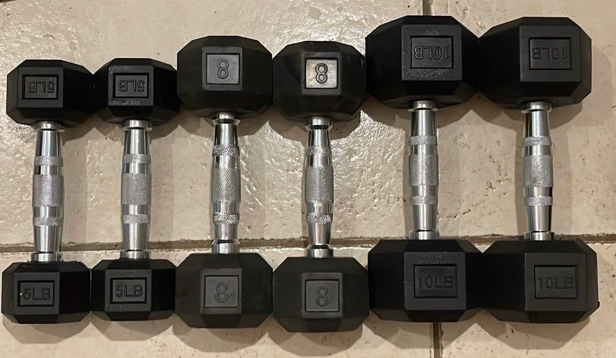 PAIRS OF RUBBER HEX DUMBBELLS : 5s 8s 10s