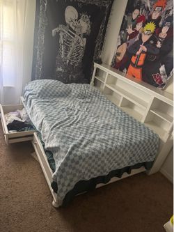 White Storage Bed Frame with Headboard Shelving – Full Size – Good Condition