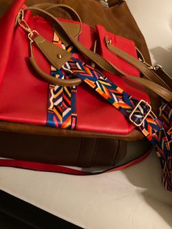 Red and Brown Tote Bag with Patterned Strap