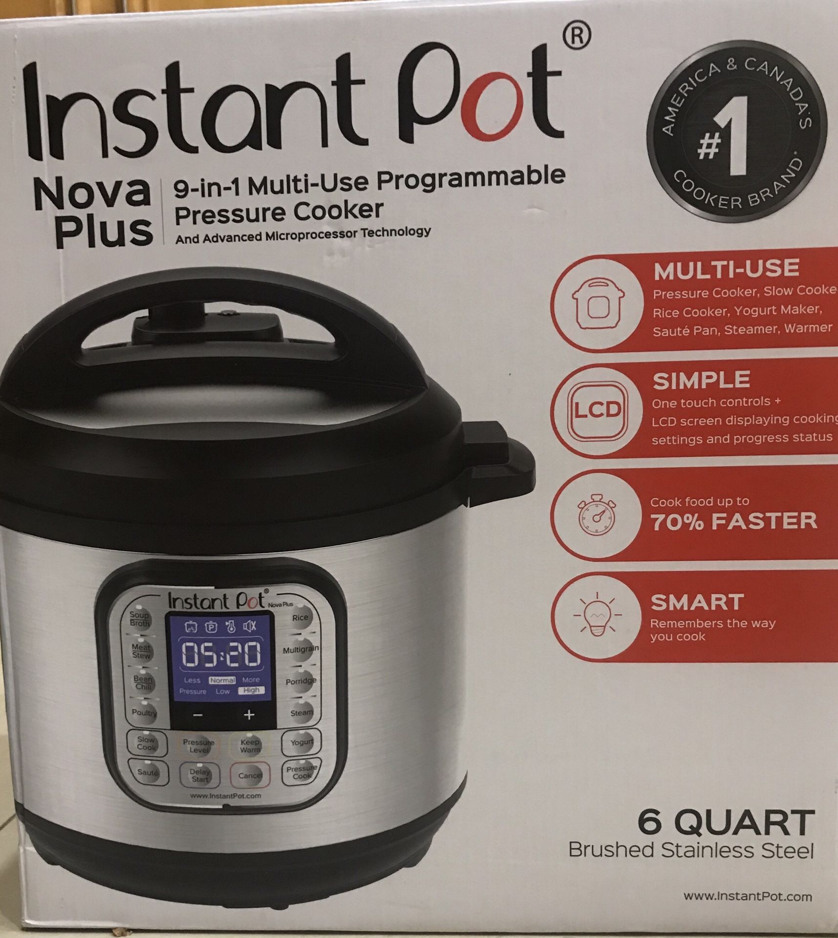 Instant Pot Nova Plus 6 Qt 9-in-1 Multi-Use Programmable Pressure Cooker, Slow Cooker, Rice Cooker, Crock Pot, Steamer, Sauté, Yogurt Maker and Warmer