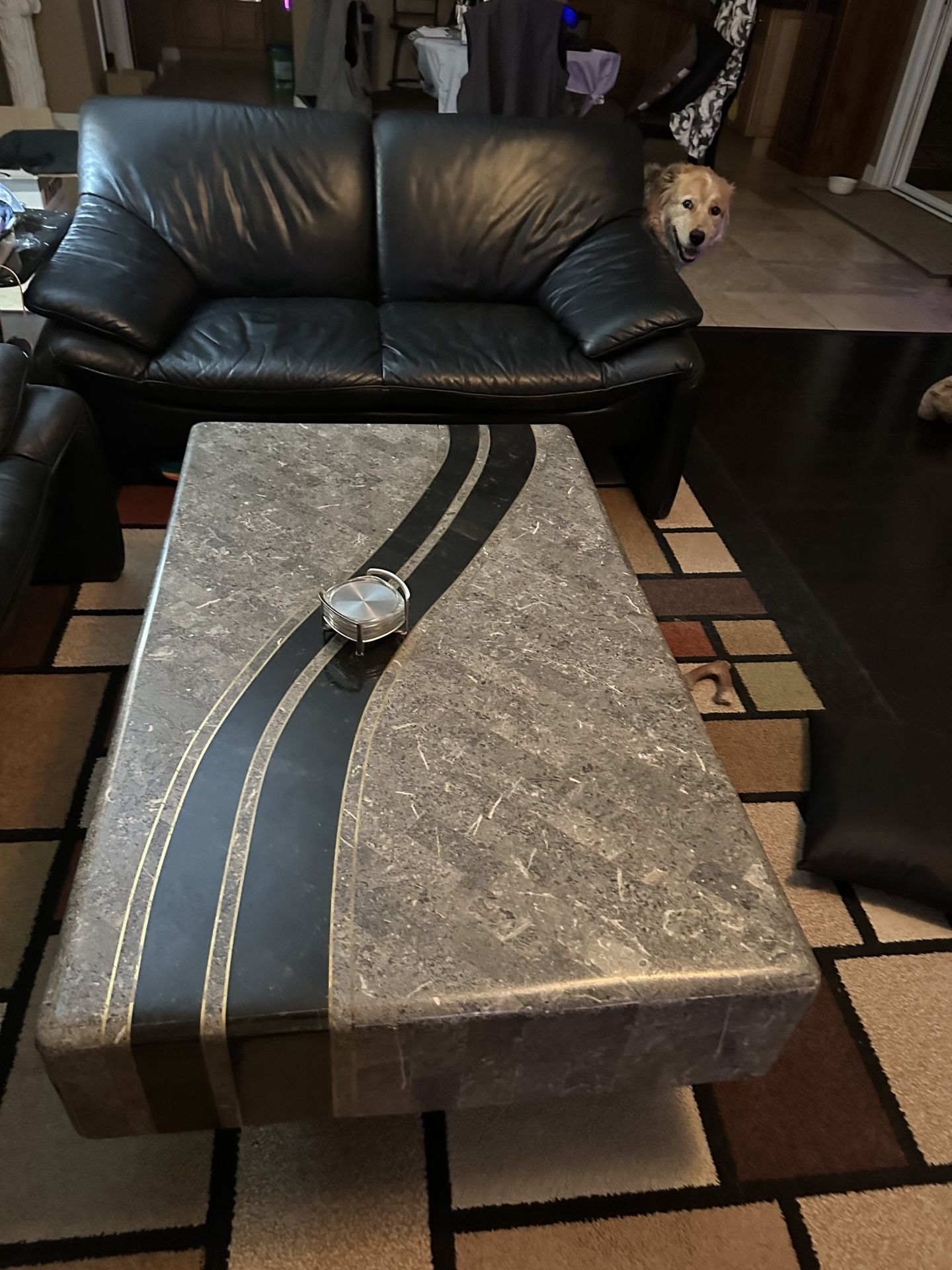 3 black Leather Couches And Coffee Table