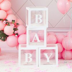 Baby Shower Boxes Party Decorations, 4-Pack Transparent Balloons Boxes Décor with BABY Letters Blocks for Boys Girls Baby Shower Decorations Gender Re