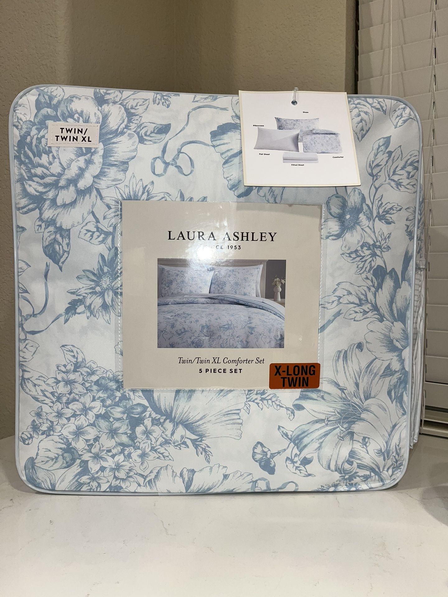 NIB 5 PIECES LAURA ASHLEY BLUE BOW DELPHINE SHABBY CHIC...