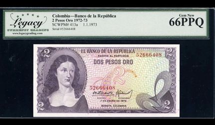 1976 2 Pesos Oro Banco de la Republica Columbia Legacy Gem New 66 PPQ