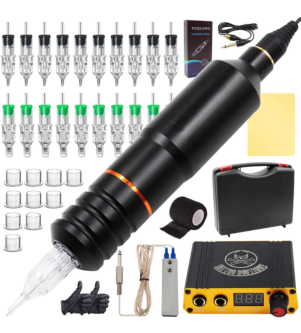 Tattoo Pen Kit, Rotary Tattoo Pen Machine Kit Tattoo Pen Power Supply 20 Mixed Cartridges Needles Foot Pedal Clip Cord Power Cable Practice Skin Ink 