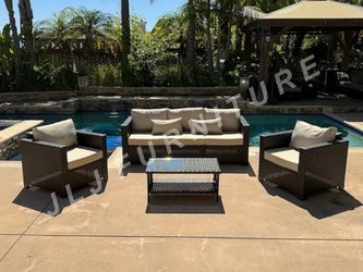 NEW🔥Outdoor Patio Furniture 4 Pc Brown Wicker Beige Cushions Conversation Set with Cover ASSEMBLED