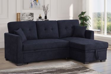 New Dark Blue Reversible Sectional Sofa Bed, Sofabed Couch Storage Chaise Pullout Sleeper Small Living Room Space Saving Apartment Size BIG DEAL SALE