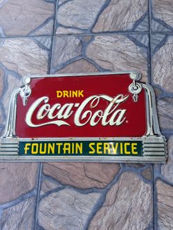 Coca-Cola Fountain Service Vintage Metal Sign. SIZE: 20" L x 15 11/2" H. 2004 Reproduction Tin Sign .