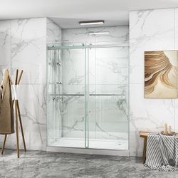 56 to 60'' W x 76'' H Frameless Shower Door, Double Sliding Shower Door with Premium 3/8'' (10mm) Thick Tempered Glass, Stainless Steel, Brushed Nicke