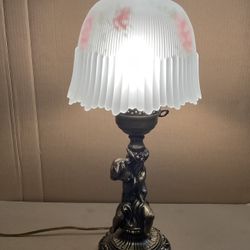 Vintage Brass Metal Cherub Angel Child Glass Shade Chimney Lamp