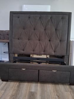 Queen Gray Upholstered Bed Frame with Storage Drawers and Mattress