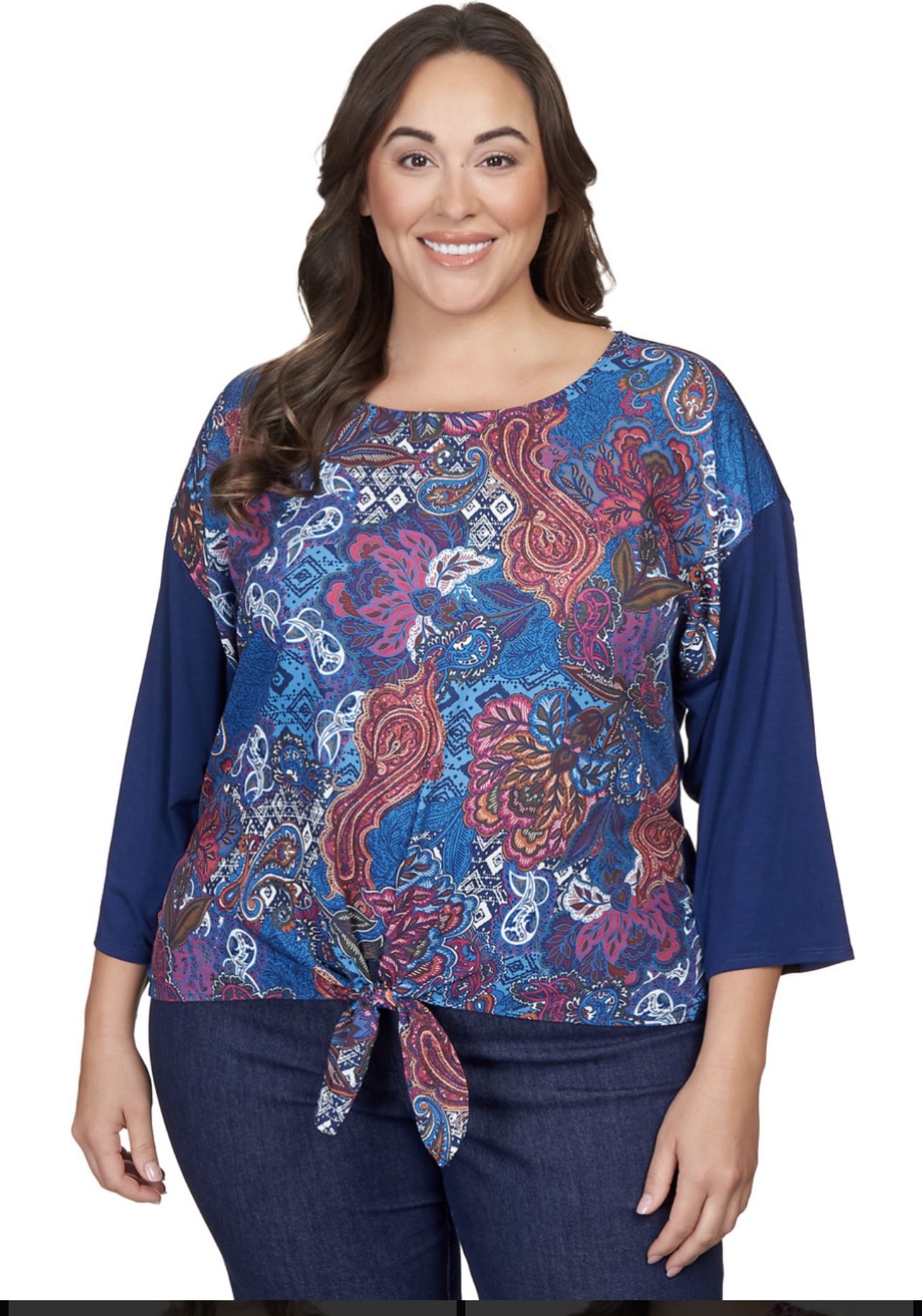 Ruby Rd Women's Abstract Paisley Tie Front Mixed Knit 3/4 sleeves Top 2X