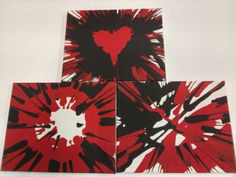 Set of 3 Spin Art Canvas Paintings Red Black