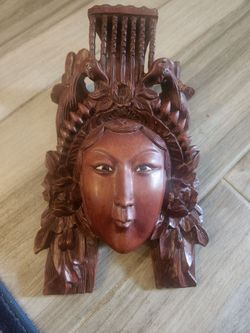 vintage Southeast Asian hand-carved wood head sculpture featuring a female deity or empress