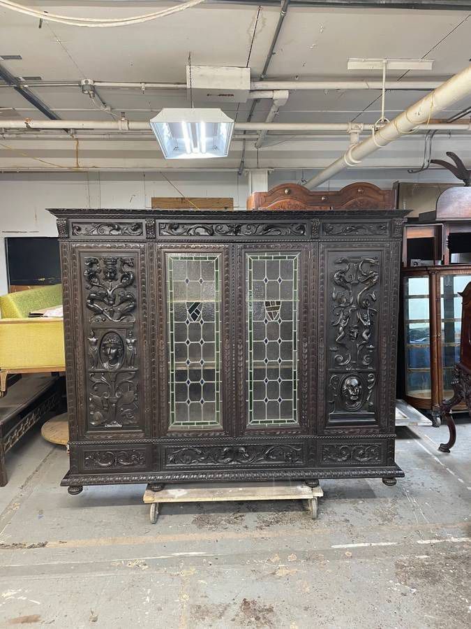Huge Antique European Storage Cabinet, Leaded Glass Doors, Original - $7,000