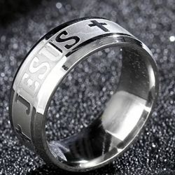 Jesus Ring - Stainless Steel Silver 8mm Cross Band - Sizes 6-13 - New 