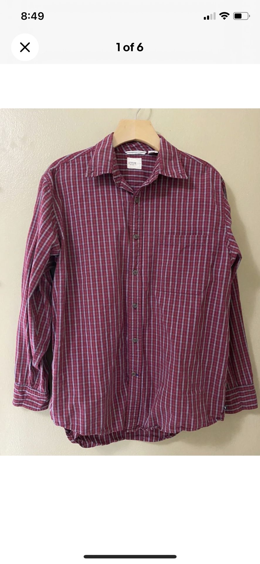 Men's ARROW Long Sleeve Button-Down Dress Shirt Maroon Red Check Plaid Size M