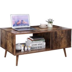 Newly Assembled Mid Century Modern Coffee Table, Wooden Retro Coffee Table with Open Storage Shelf