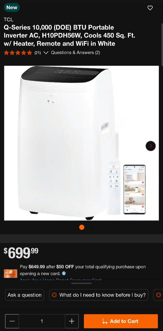 TCL 10,000 BTU PORTABLE AIR CONDITIONER BRAND NEW IN-BOX H10PDH56W