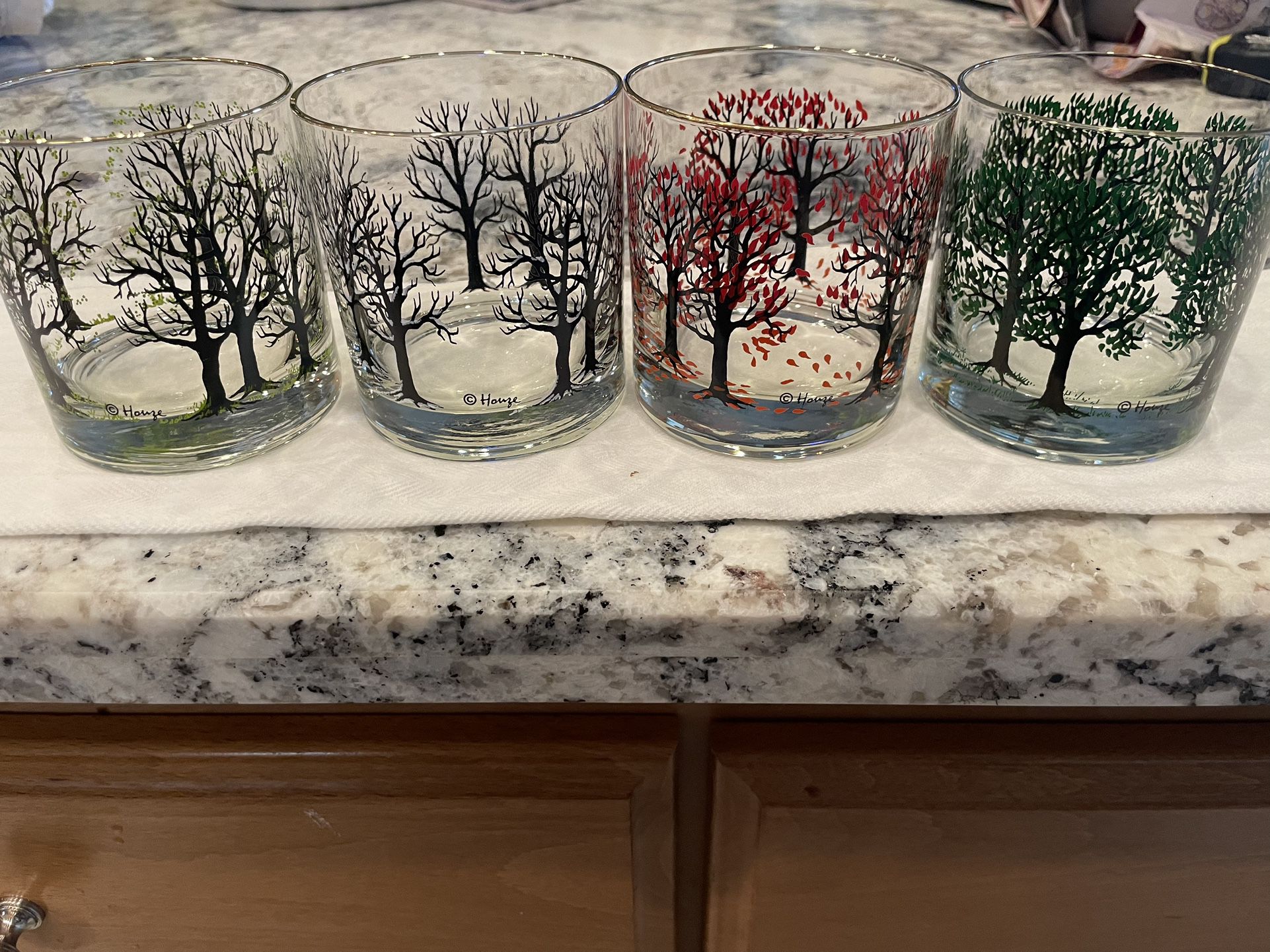 Vintage Signed Houze Four Seasons Glasses / Barware Set Of 4 -Spring-Summer-Winter-Fall