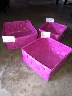 3 pink weave like plastic baskets in gently used condition. Great for numerous different uses!