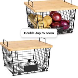 2 Set Stackable Kitchen Counter Basket with Bamboo Top - Pantry Organization and Storage Wire Organizing Basket - Cabinet Countertop Organizer Bins fo