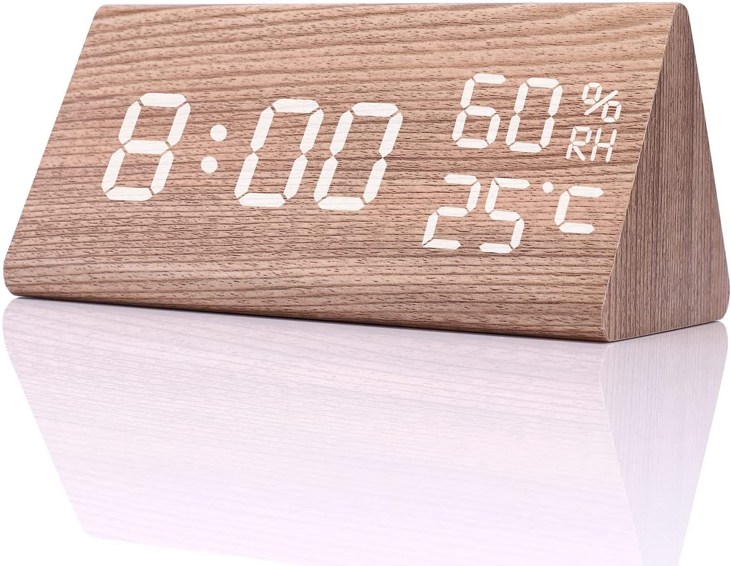 Wooden Digital Alarm Small Clock ,Electronic LED Time Date Display Adjustable Brightness