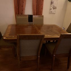 Solid Wood Dining Table with Two Leaves and Eight Chairs