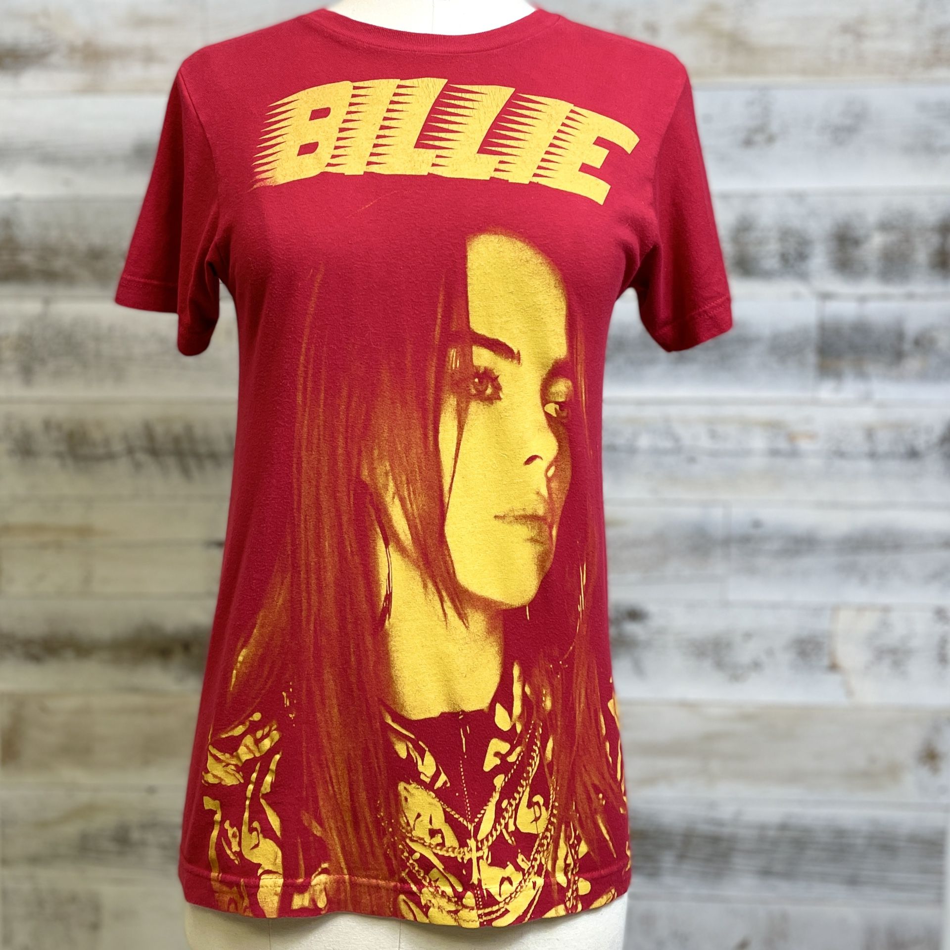 Billie Eilish Red Graphic Portrait T Shirt Size XS Yellow Pacer Logo 