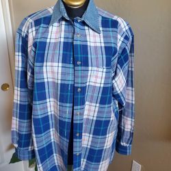 Krazy Kat Purrfect Mens Long Sleeve Button Down Plaid Shirt  M