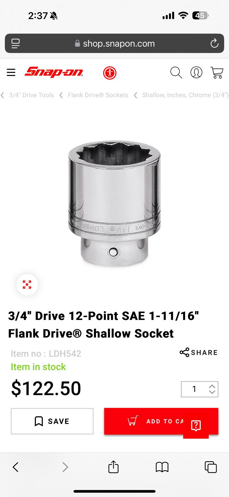 BRAND NEW ) LDH542 - 3/4" Drive 12-Point SAE 1-11/16" Flank Drive® Shallow Socket