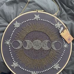 Handcrafted Celestial Sun and Moon Large Beaded Embroidery Hoop Hanging Wall Art