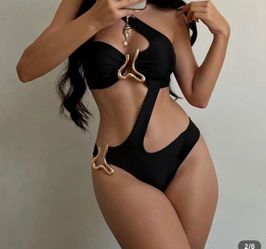 Black Cutout One-Piece Swimsuit with Gold Accent