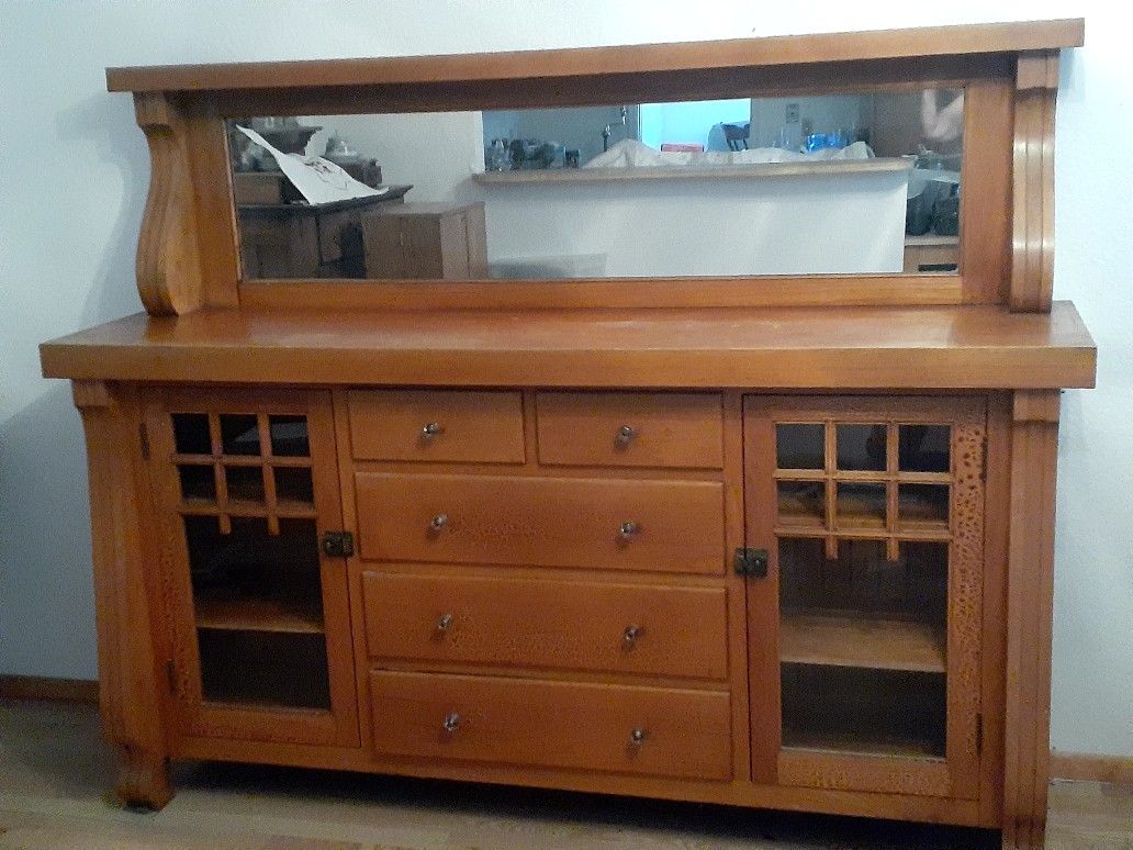 Large Vintage Mirrored Wood Hutch