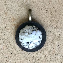⚪️ Pretty, artsy, transparent with white chunks vintage cabochon on old, Asian coin - pendant